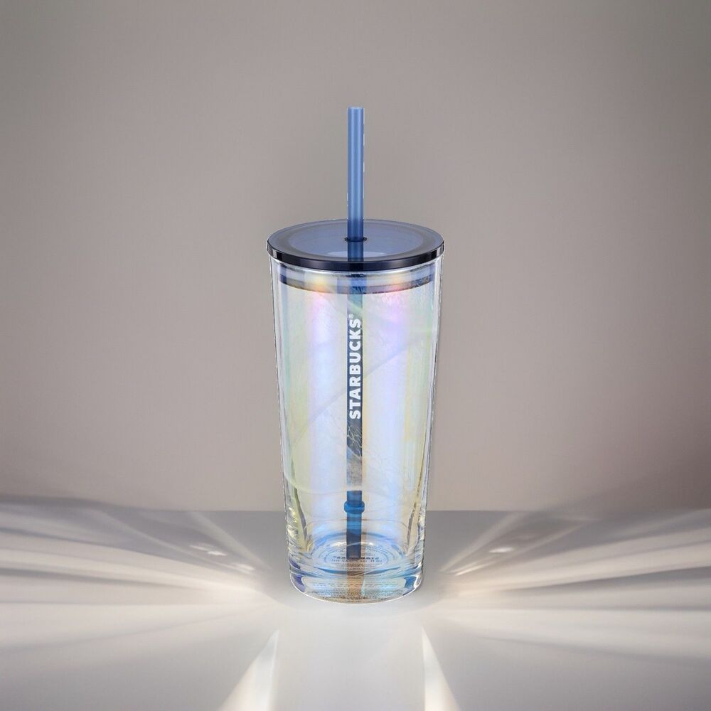 Limited! Clear Iridescent Cold Cup Glass Tumbler w/ Lid &  Straw Coffee & Tea
